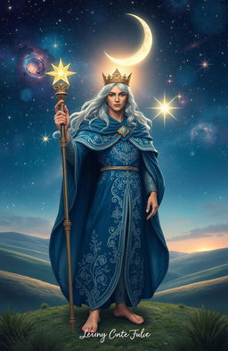 A celestial prince standing on a sparkling starry night, surrounded by twinkling stars and a glowing crescent moon in the sky