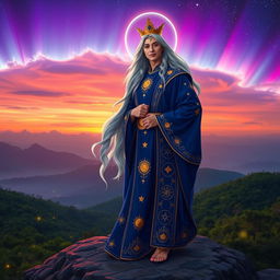 A majestic celestial prince known as Pangeran Bintang Senja, standing confidently on a rocky overlook under a vibrant twilight sky