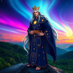 A majestic celestial prince known as Pangeran Bintang Senja, standing confidently on a rocky overlook under a vibrant twilight sky