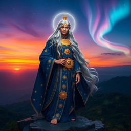 A majestic celestial prince known as Pangeran Bintang Senja, standing confidently on a rocky overlook under a vibrant twilight sky