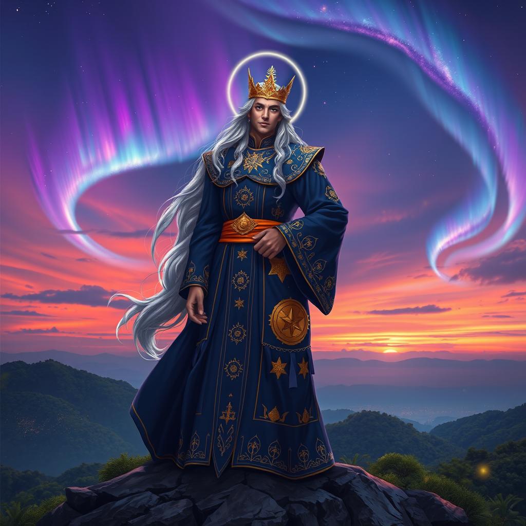 A majestic celestial prince known as Pangeran Bintang Senja, standing confidently on a rocky overlook under a vibrant twilight sky