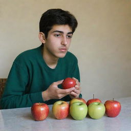 A thoughtful Iranian teenager realizing that apples are good for his health, juxtaposed with his aversion to mood-altering pills.