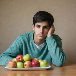 A thoughtful Iranian teenager realizing that apples are good for his health, juxtaposed with his aversion to mood-altering pills.