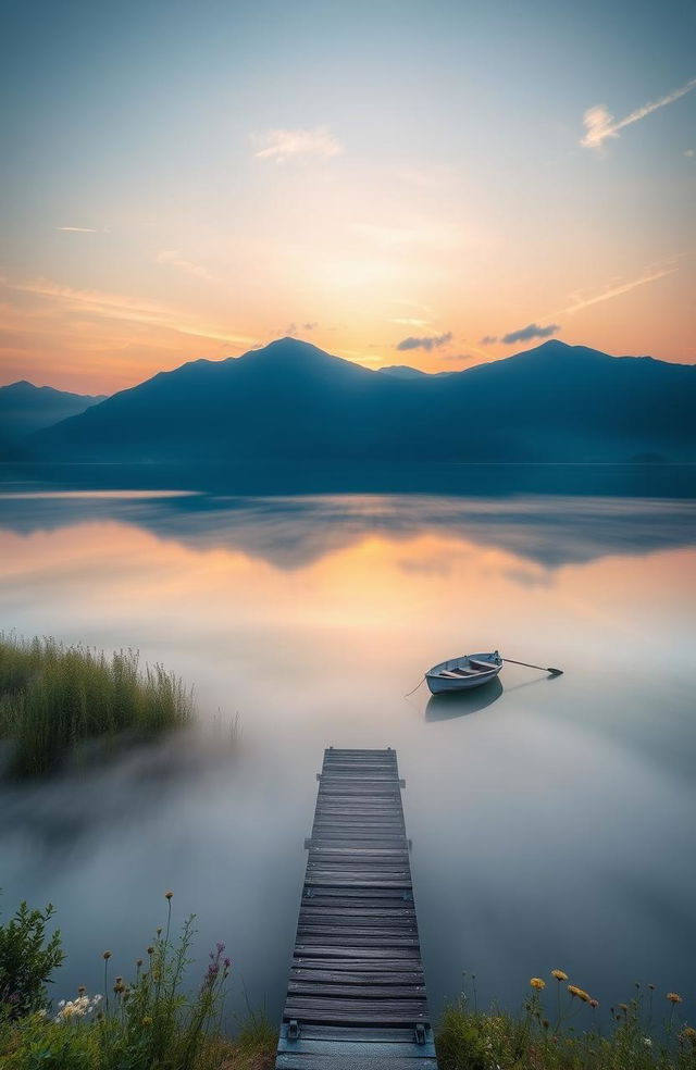 A majestic, serene landscape featuring an idyllic sunrise over a tranquil lake, with soft, pastel colors illuminating the sky