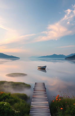 A majestic, serene landscape featuring an idyllic sunrise over a tranquil lake, with soft, pastel colors illuminating the sky