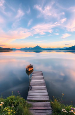 A majestic, serene landscape featuring an idyllic sunrise over a tranquil lake, with soft, pastel colors illuminating the sky