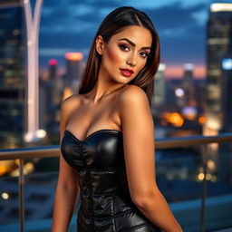 An attractive woman wearing a tight, shiny black puffer corset that accentuates her curves, standing confidently with a captivating expression