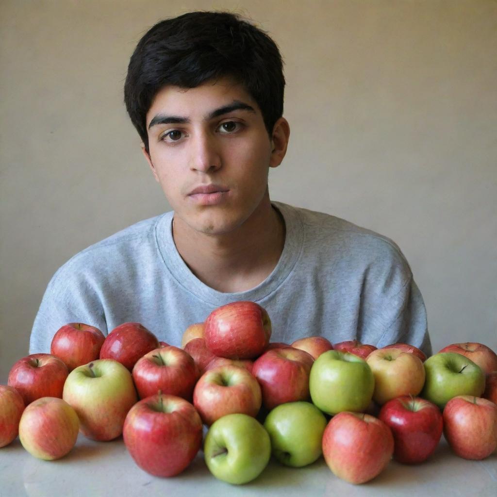 A thoughtful Iranian teenager realizing that apples are good for his health, juxtaposed with his aversion to mood-altering pills.