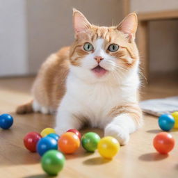 A cheerful cat with sparkling eyes and a playful posture, joyously playing with colorful toys in a warm, sunlit room.