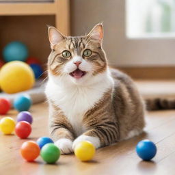 A cheerful cat with sparkling eyes and a playful posture, joyously playing with colorful toys in a warm, sunlit room.