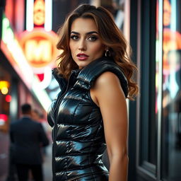 A seductive woman wearing a tight, shiny black puffer corset that contours her figure, exuding confidence and sexiness