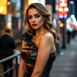 A striking woman clad in a tight, shiny black puffer corset that highlights her alluring silhouette