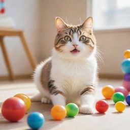 A cheerful cat with sparkling eyes and a playful posture, joyously playing with colorful toys in a warm, sunlit room.