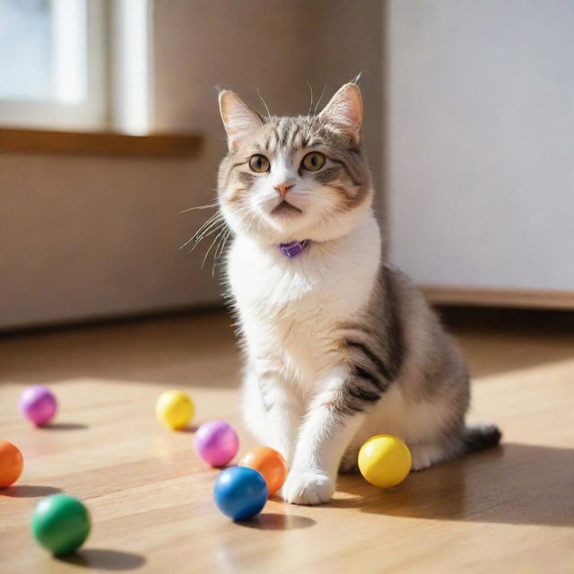 A cheerful cat with sparkling eyes and a playful posture, joyously playing with colorful toys in a warm, sunlit room.