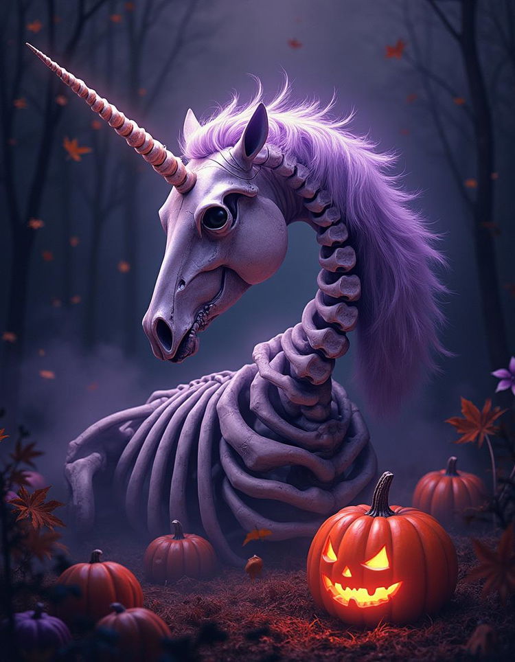 A striking Halloween poster featuring a detailed and artistic depiction of a unicorn skeleton