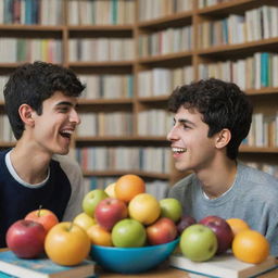 An Iranian teenager turning away from his friend who is consuming and exhaling addictive substances, instead gravitating towards his brightly colored fruits and books, looking joyful.