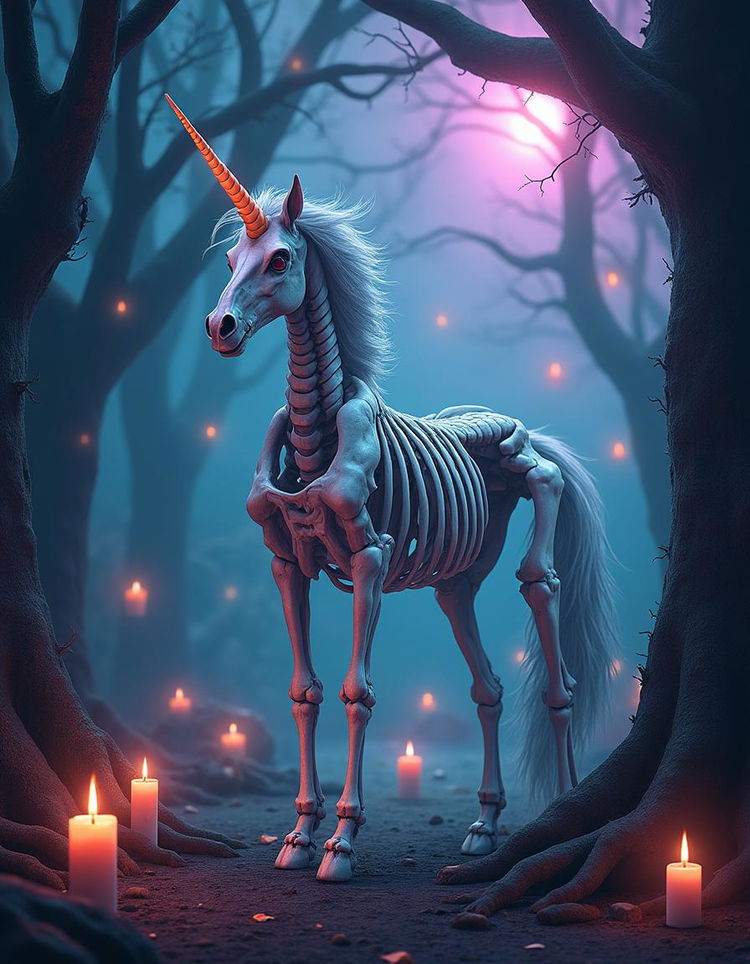 A whimsical Halloween poster featuring a unicorn skeleton, designed in the enchanting style of Harry Potter