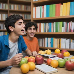 An Iranian teenager turning away from his friend who is consuming and exhaling addictive substances, instead gravitating towards his brightly colored fruits and books, looking joyful.