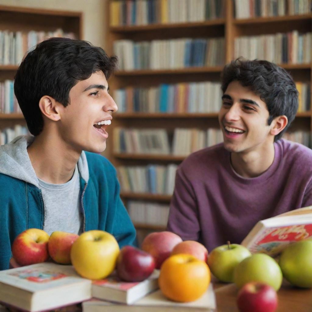 An Iranian teenager turning away from his friend who is consuming and exhaling addictive substances, instead gravitating towards his brightly colored fruits and books, looking joyful.