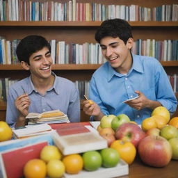 An Iranian teenager turning away from his friend who is consuming and exhaling addictive substances, instead gravitating towards his brightly colored fruits and books, looking joyful.