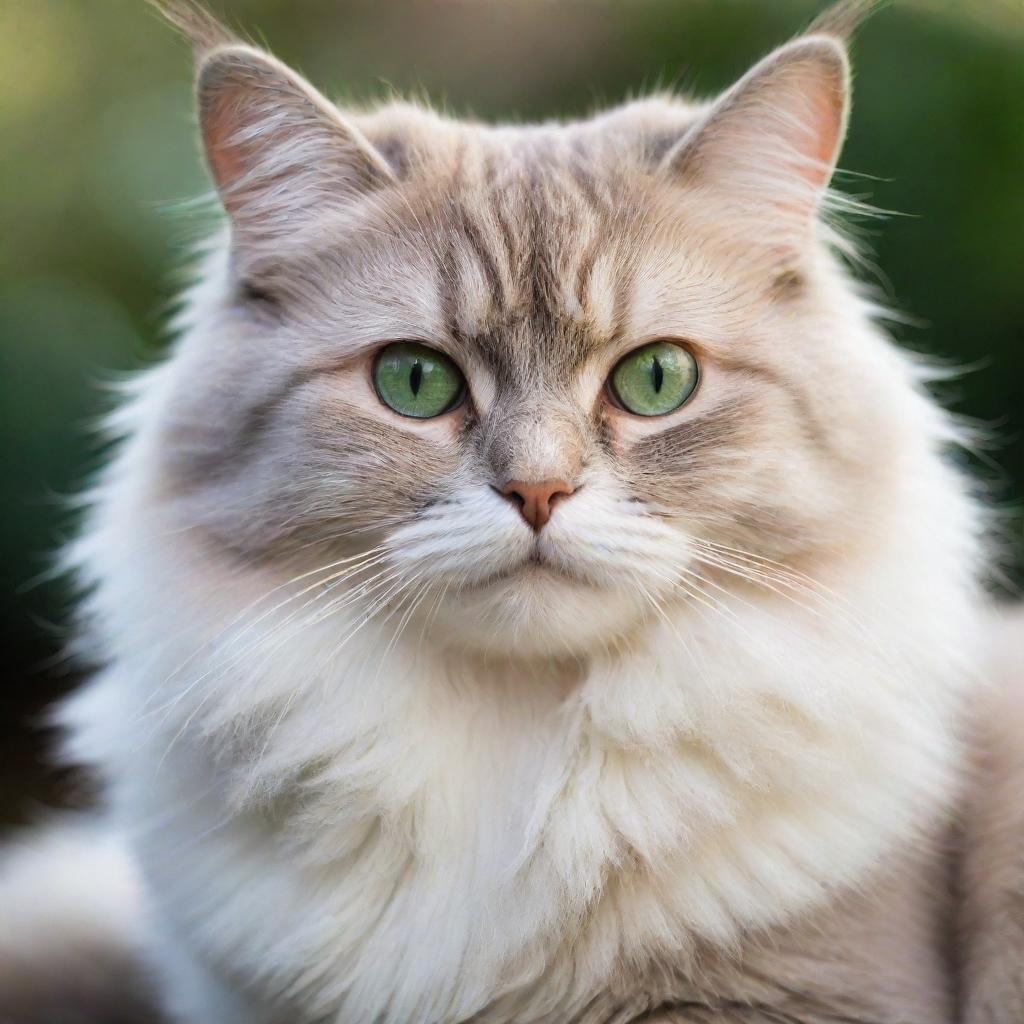 A fluffy, adorable cat sitting in a peaceful environment, showing its vibrant, deep green eyes while it gazes at the viewer curiously.