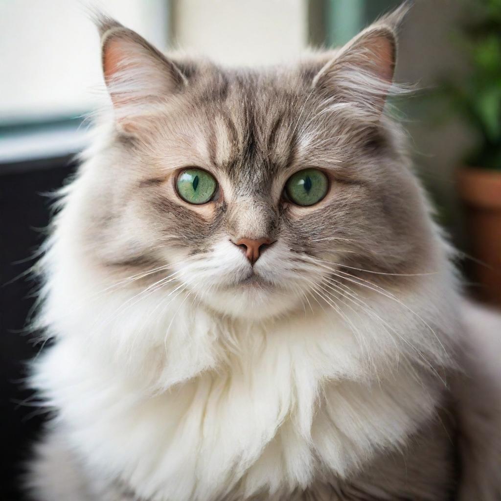 A fluffy, adorable cat sitting in a peaceful environment, showing its vibrant, deep green eyes while it gazes at the viewer curiously.