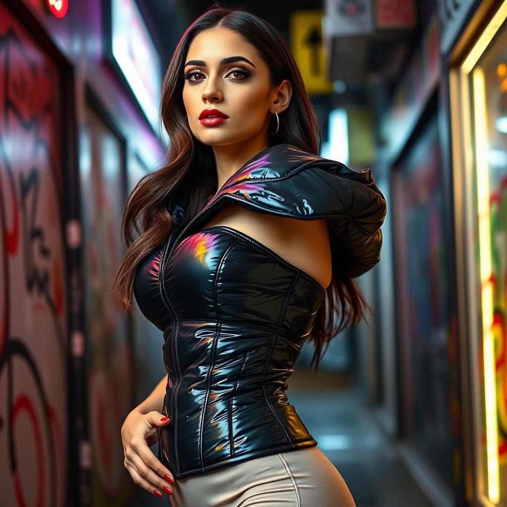 A stunning woman showcasing her figure in a tight, shiny black puffer corset that emphasizes her silhouette