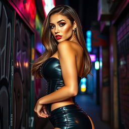 A stunning woman showcasing her figure in a tight, shiny black puffer corset that emphasizes her silhouette