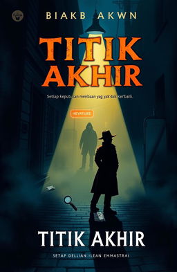 An illustration for a detective book cover featuring the title "TITIk Akhir: setiap keputusan membawa haluan yang tidak kembali"