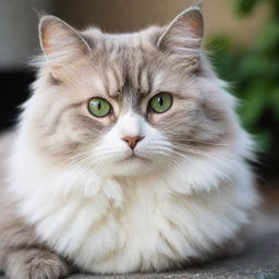 A fluffy, adorable cat sitting in a peaceful environment, showing its vibrant, deep green eyes while it gazes at the viewer curiously.