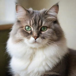 A fluffy, adorable cat sitting in a peaceful environment, showing its vibrant, deep green eyes while it gazes at the viewer curiously.