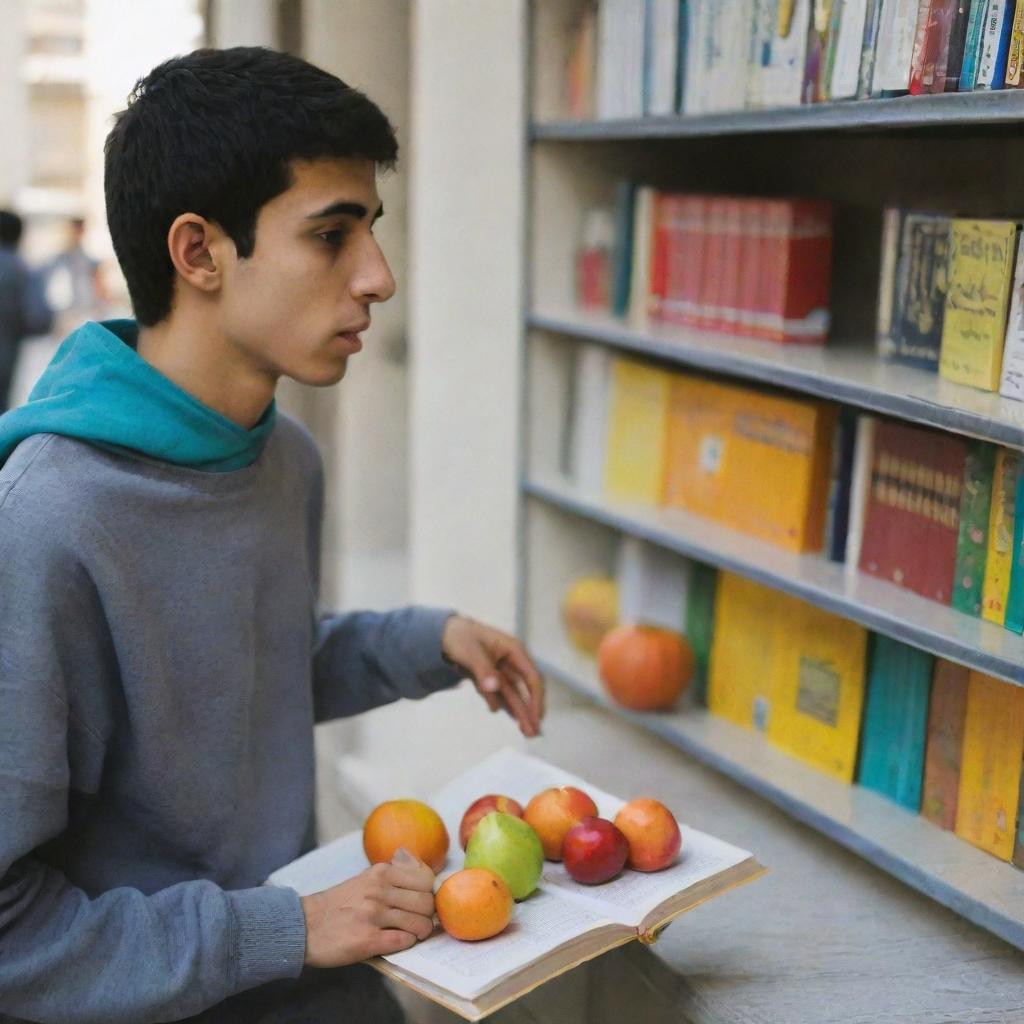 An Iranian teenager turning away from a friend abusing substances, redirecting his attention towards brightly colored fruits and his books. He appears to be glad.