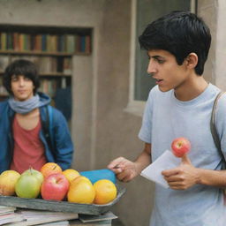 An Iranian teenager turning away from a friend abusing substances, redirecting his attention towards brightly colored fruits and his books. He appears to be glad.