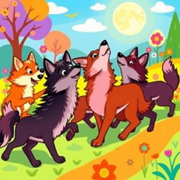 A vibrant cartoon depiction of a pack of wolves, showcasing a variety of colors and playful expressions