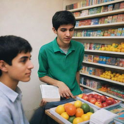 An Iranian teenager turning away from a friend abusing substances, redirecting his attention towards brightly colored fruits and his books. He appears to be glad.