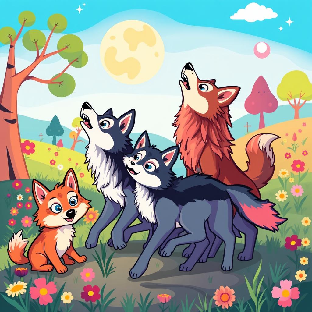 A vibrant cartoon depiction of a pack of wolves, showcasing a variety of colors and playful expressions