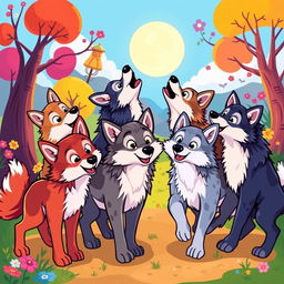 A vibrant cartoon depiction of a pack of wolves, showcasing a variety of colors and playful expressions