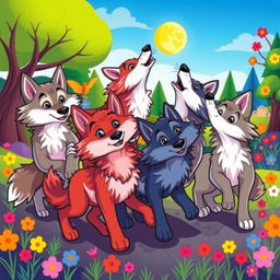 A vibrant cartoon depiction of a pack of wolves, showcasing a variety of colors and playful expressions