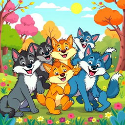 A lively cartoon image of a pack of wolves, filled with energy and vibrant colors