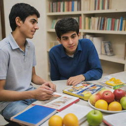 An Iranian teenager turning away from a friend abusing substances, redirecting his attention towards brightly colored fruits and his books. He appears to be glad.