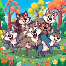 A lively cartoon image of a pack of wolves, filled with energy and vibrant colors