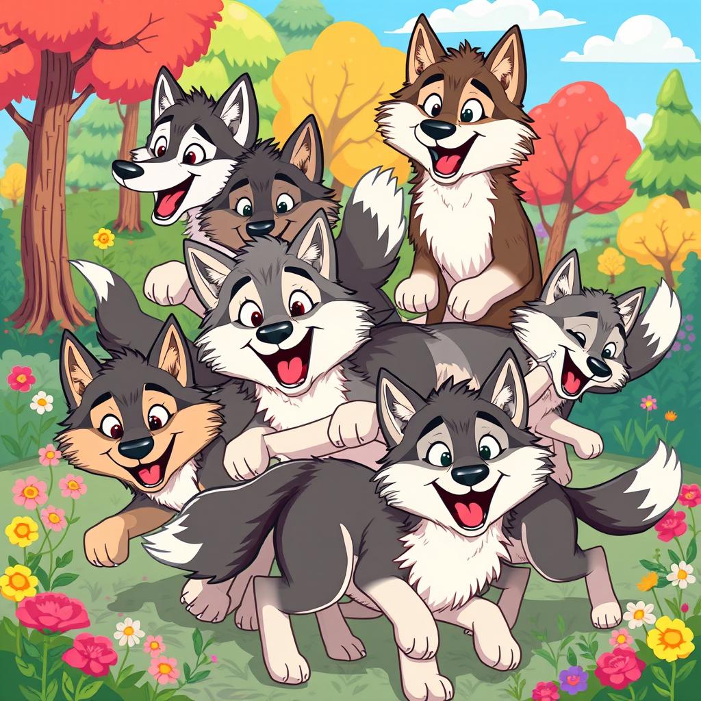 A lively cartoon image of a pack of wolves, filled with energy and vibrant colors