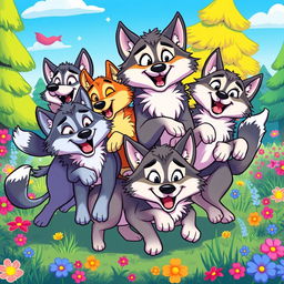A lively cartoon image of a pack of wolves, filled with energy and vibrant colors