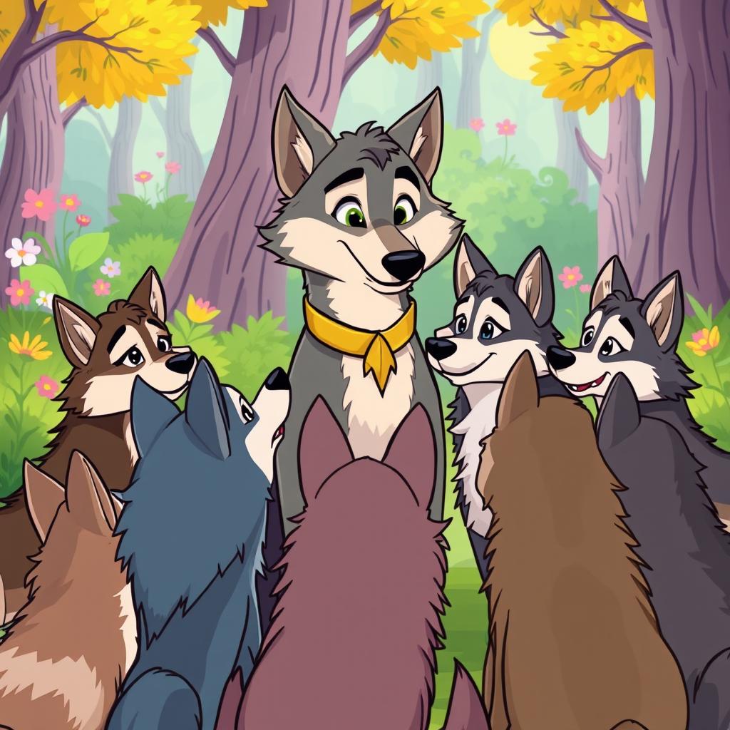 A dynamic cartoon scene featuring a pack of wolves attentively listening to their leader