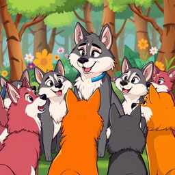 A dynamic cartoon scene featuring a pack of wolves attentively listening to their leader