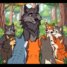 A dynamic cartoon scene featuring a pack of wolves attentively listening to their leader
