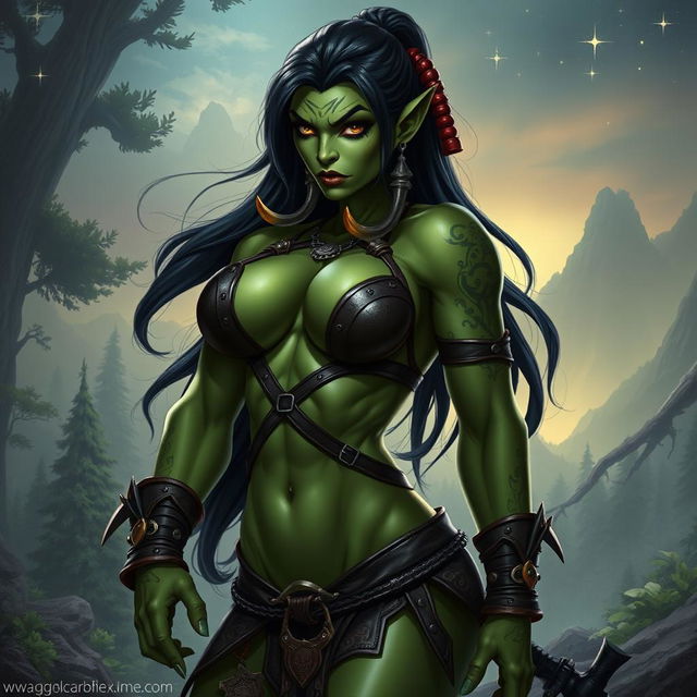 A visually striking depiction of a sexy orc character, showcasing their muscular build and enchanting features