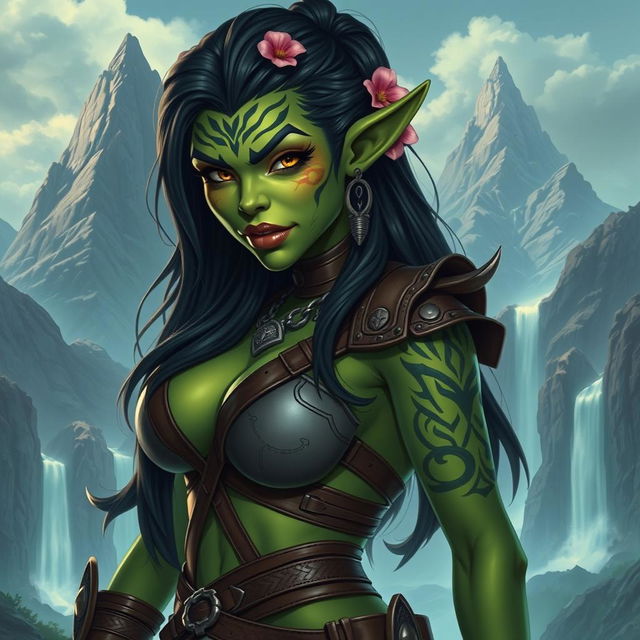 A visually striking depiction of a sexy female orc character, showcasing her powerful and alluring features