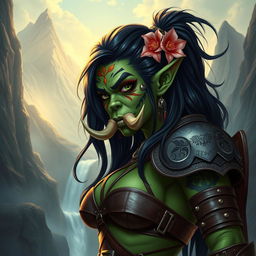 A visually striking depiction of a sexy female orc character, showcasing her powerful and alluring features