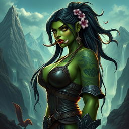 A visually striking depiction of a sexy female orc character, showcasing her powerful and alluring features